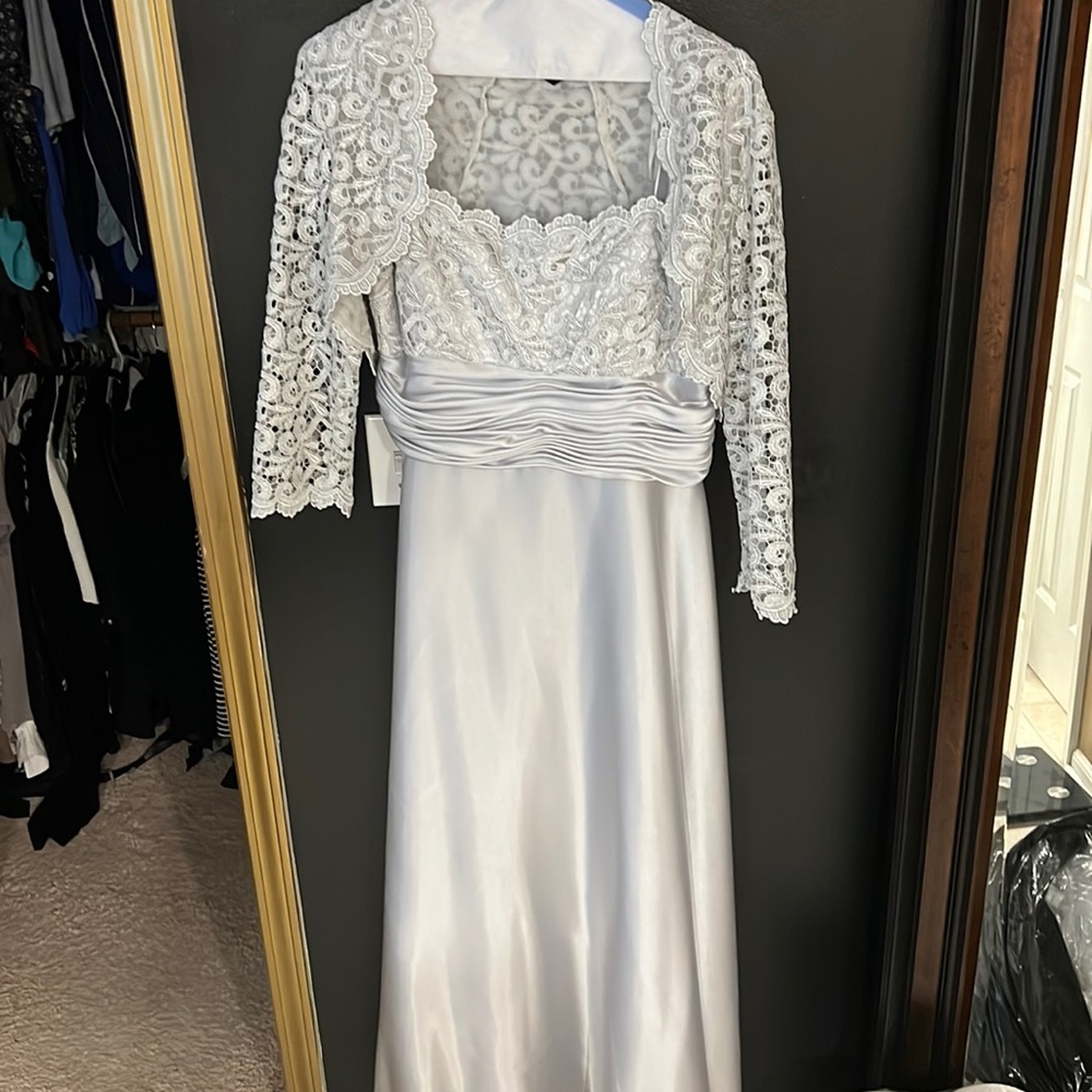 Full length silver gown with removable bolero lace jacket *size 14*